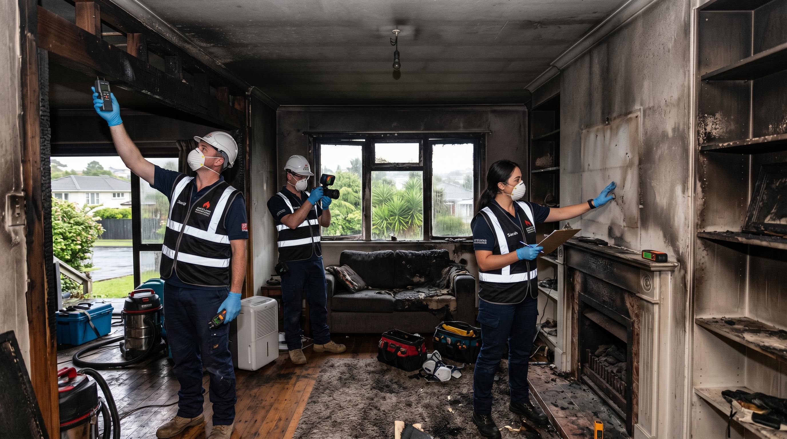 Professional fire damage restoration team assessing a smoke-damaged Auckland home interior