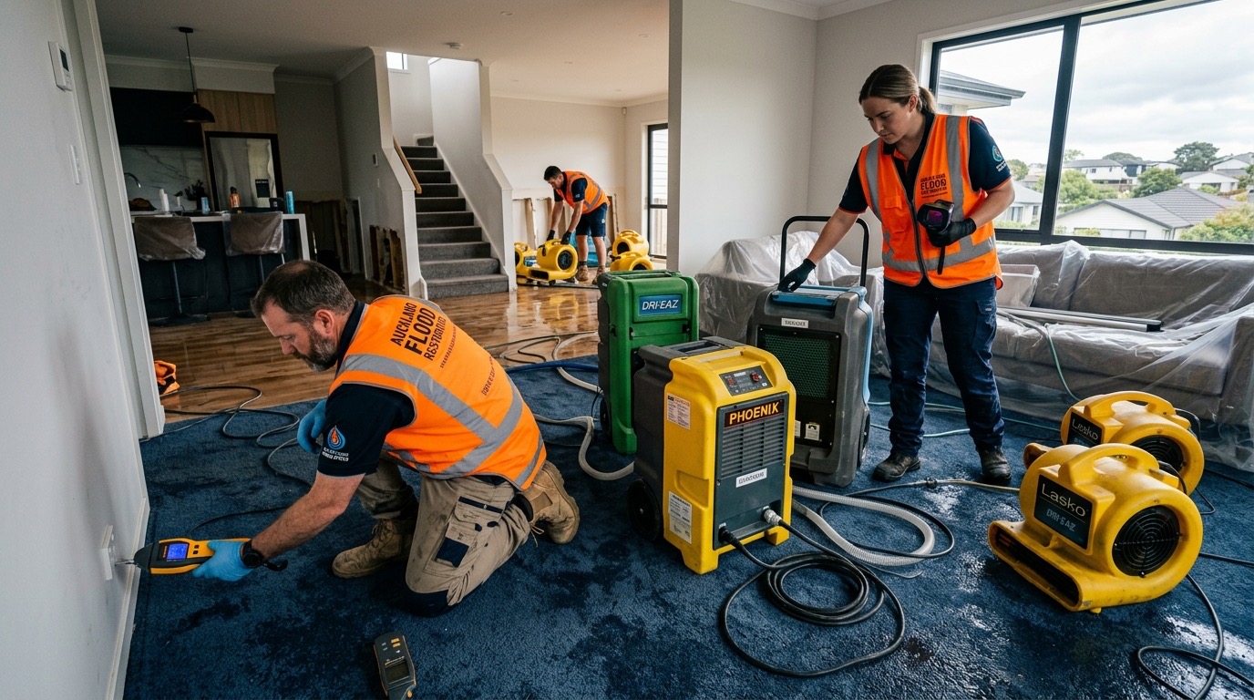 Professional flood restoration technicians using dehumidifiers and air movers in an Auckland home