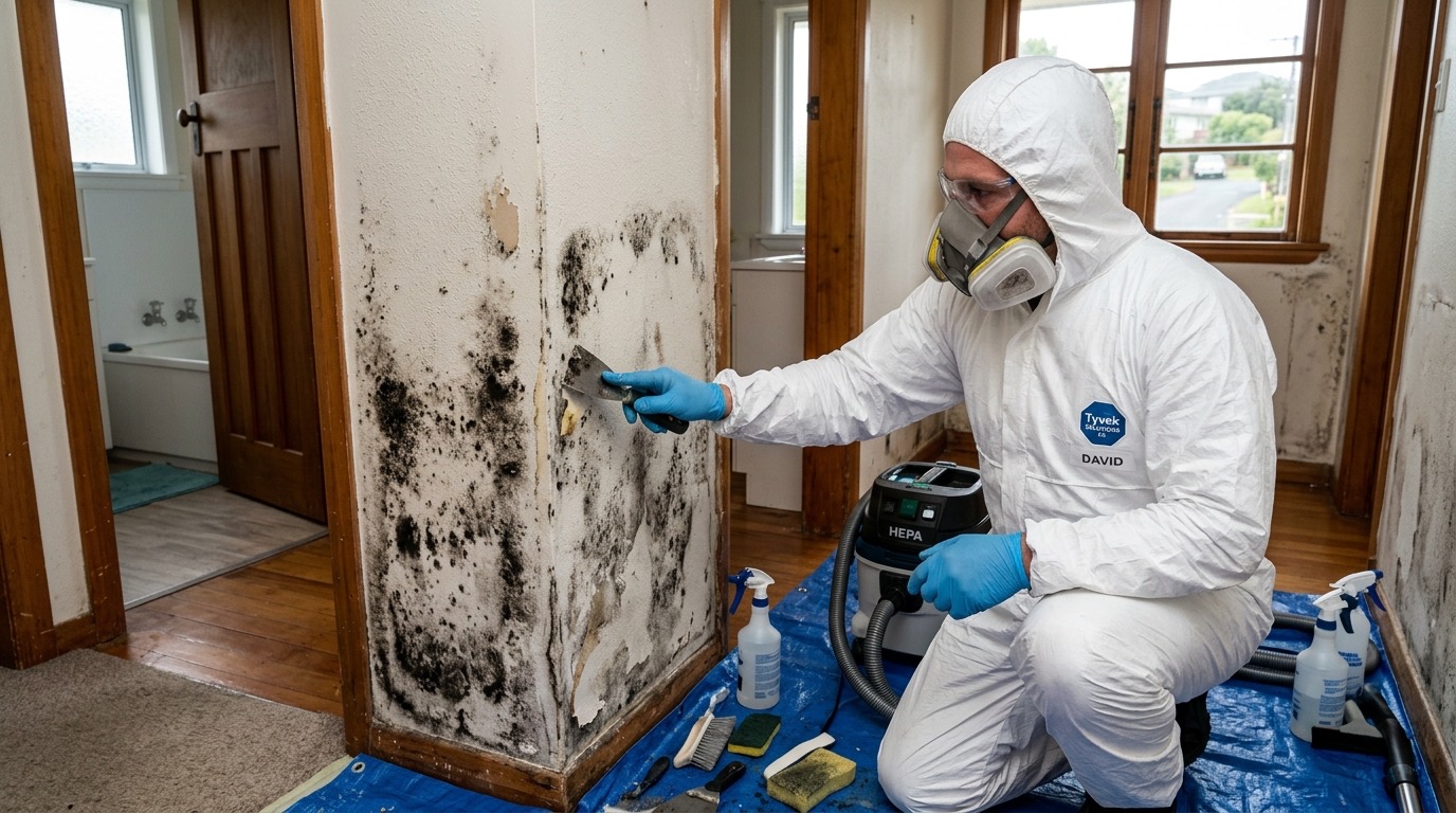 Professional mould remediation specialist removing black mould from an Auckland home wall