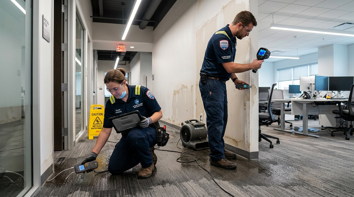 iDry technicians assessing commercial water damage with moisture meters