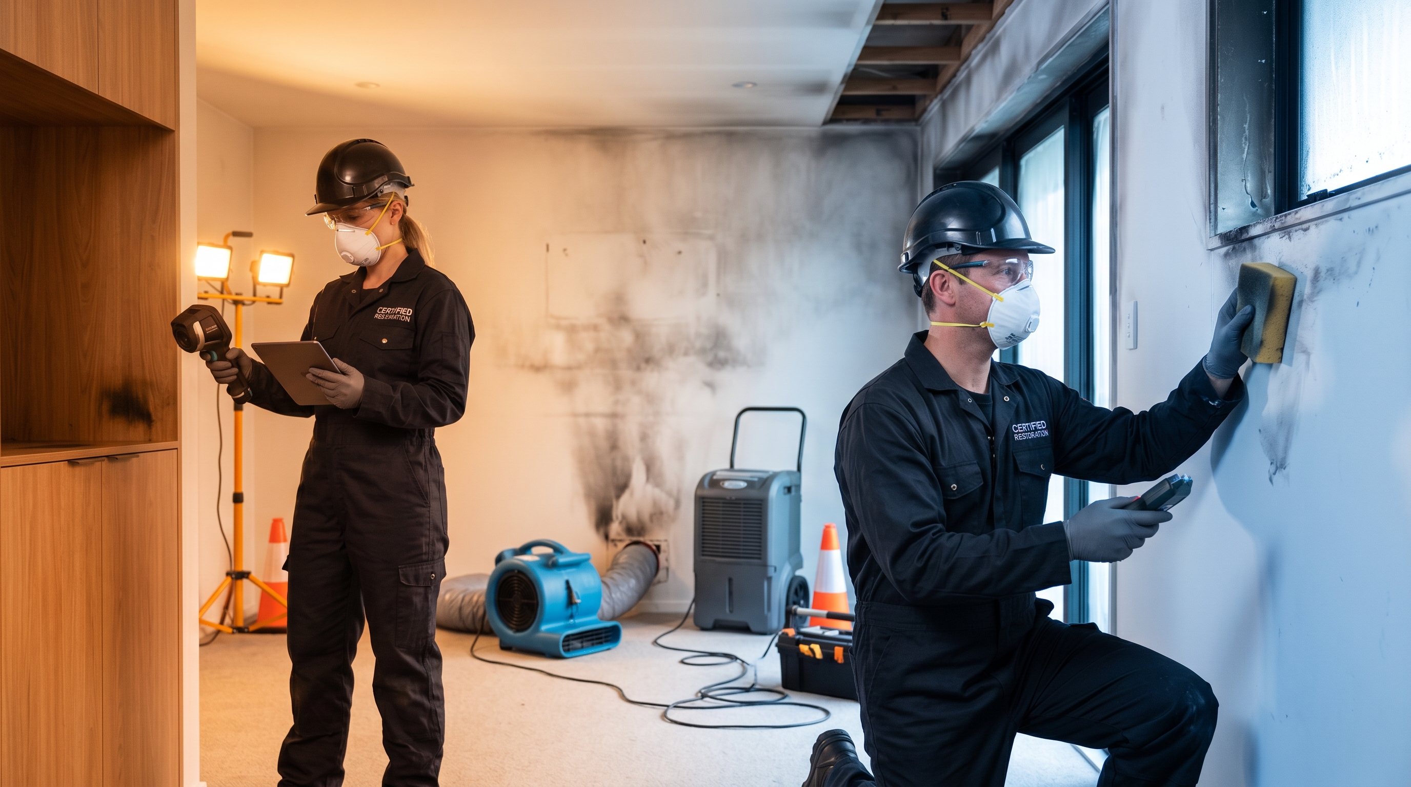 iDry fire damage restoration technicians cleaning smoke and soot damage in Auckland property