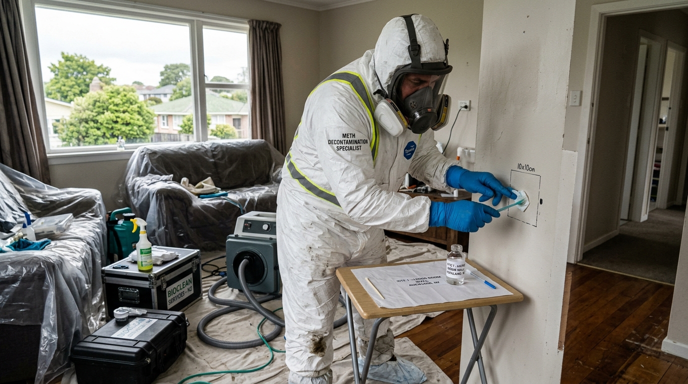 Meth decontamination specialist in protective PPE inside Auckland property